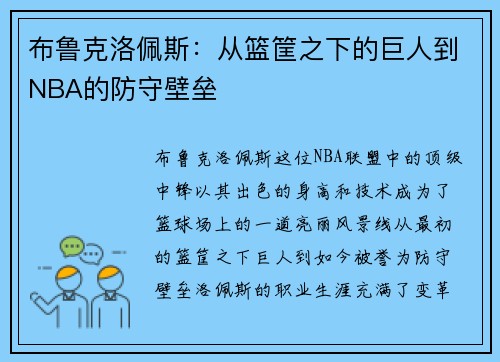 布鲁克洛佩斯:从篮筐之下的巨人到NBA的防守壁垒 布鲁克洛佩斯:从篮筐之下的巨人到NBA的防守壁垒